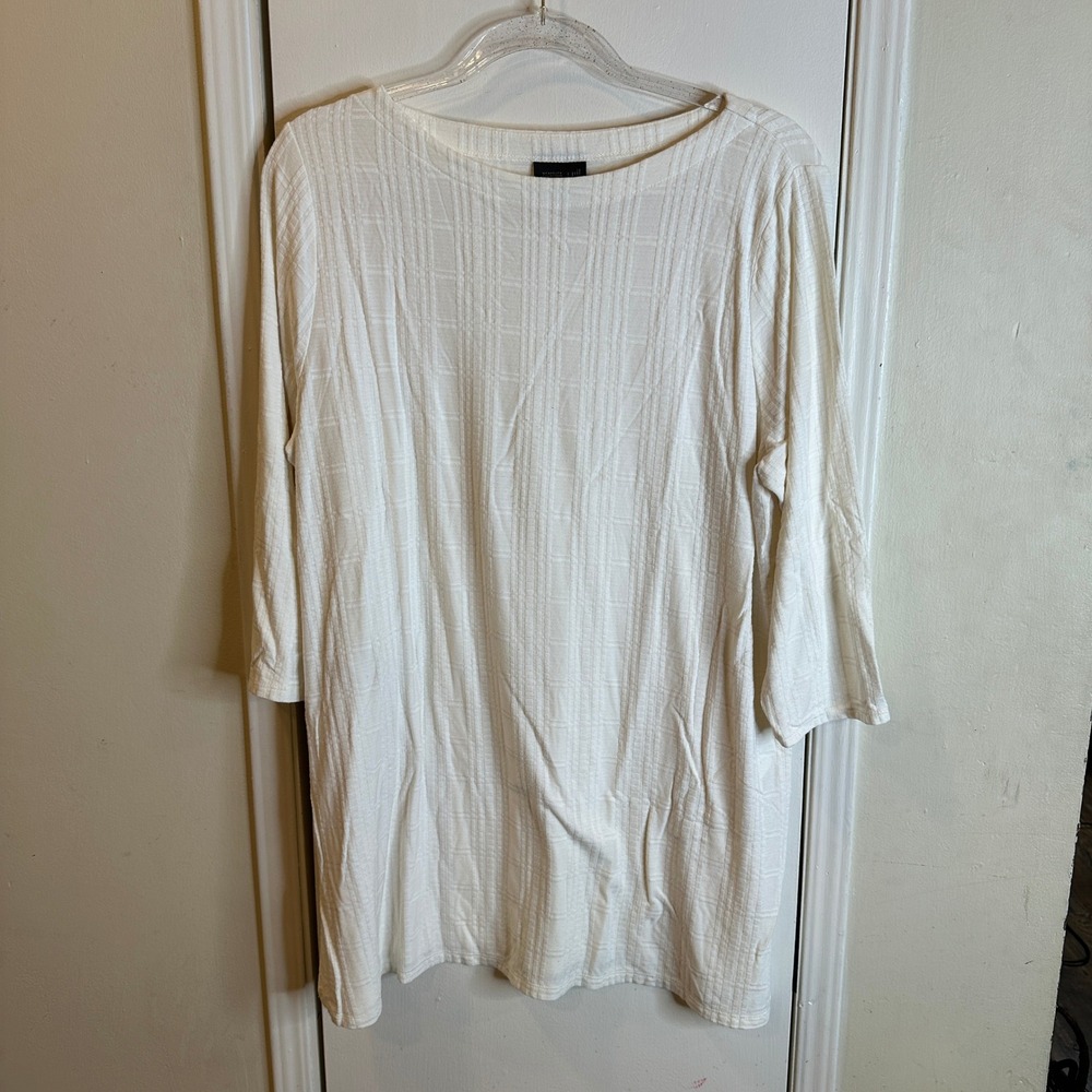 J. Jill Wearever Cream Textured Grid Boat Neck Tunic Top 3/4 Sleeve Petite L